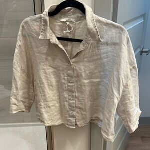 Cropped Linen Beige 3/4 Sleeve Top